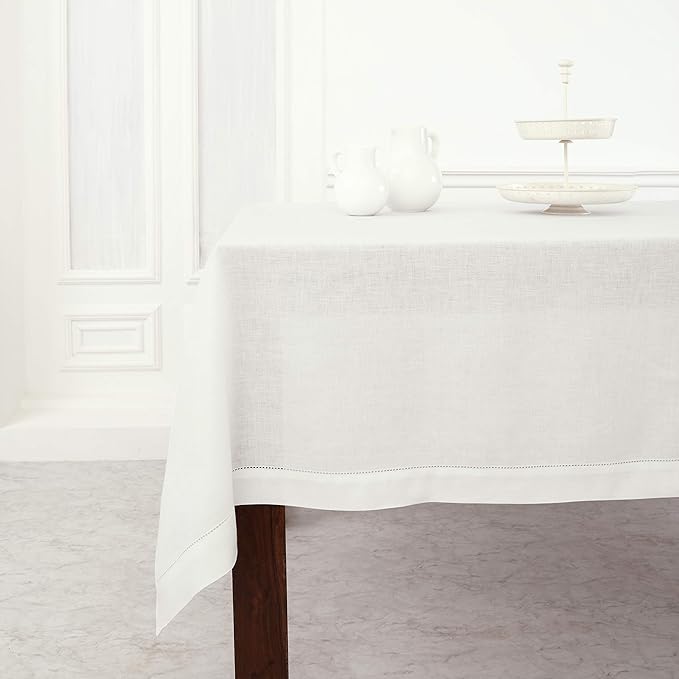 Solino Home Linen Tablecloth for Rectangle Tables 60 x 84 Inch - Classic Hemstitch 100% Pure Linen White Table Cloth - Machine Washable Cloth Tablecloth for Winter, Valentines, Spring, Easter