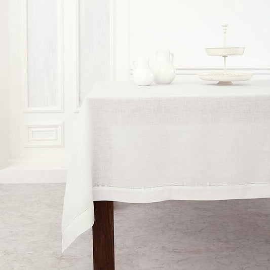 Solino Home Linen Tablecloth for Rectangle Tables 60 x 84 Inch - Classic Hemstitch 100% Pure Linen White Table Cloth - Machine Washable Cloth Tablecloth for Winter, Valentines, Spring, Easter