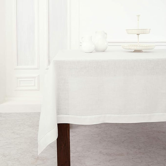 Solino Home Linen Tablecloth 60 x 108 Inch - Classic Hemstitch 100% Pure Linen White Table Cloth for Rectangle Tables - Machine Washable Tablecloth for Winter, Valentines, Spring, Easter
