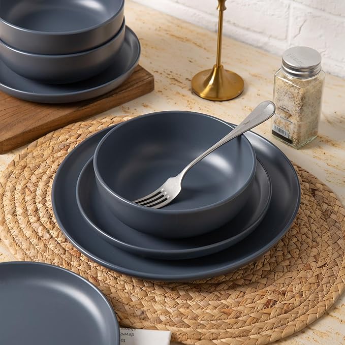 Furrnook 12-Piece Stoneware Dinnerware Set with Mugs | Microwave and Dishwasher Friendly | Stackable Matte Glaze Plates & Bowls | Service for 3 (Blue for 3)