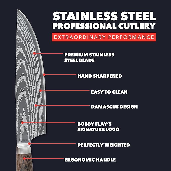 GreenPan x Bobby Flay 8" Chef's Knife with Sheath, Premium Stainless Steel Blade, Precision Cutting Kitchen Tool, Ultra-Sharp Cutlery, Hand Finished Ergonomic Wood Handle, Damascus Steel Design