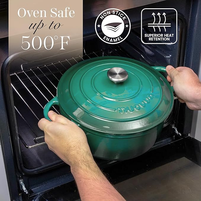 Nuovva Enamelled Cast Iron Dutch Oven Pot with Lid ??6.4 Quart Non Stick Casserole Pot ??Heavy Duty & Oven Safe up to 500째 F for Bread Baking, Braising, Stews, Roasting ??28cm Dark Green