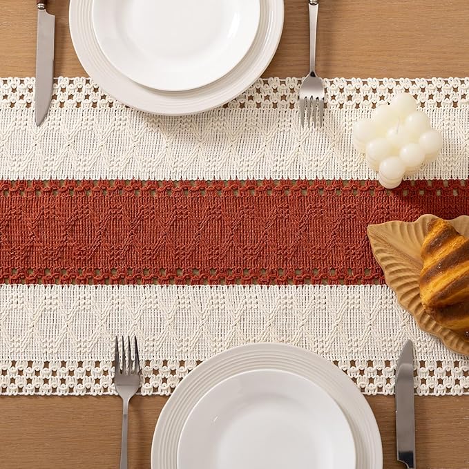 Socomi Boho Table Runner Macrame Long Valentine's Day Farmhouse Woven Cotton Linen Rustic Coffee Table Runner with Tassels for Dresser Scarf Home Decor Dining Room 12x108 inch Terracotta Ivory