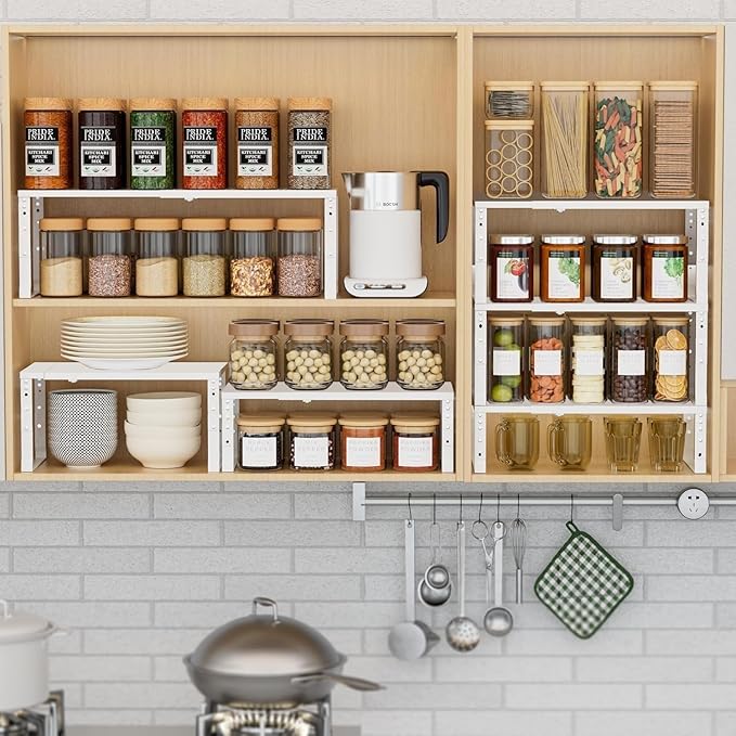 Expandable Spice Rack Organizion for Kitchen Cabinet, Seasoning,Bathroom Organizer Display Shelf, Stackable Multi-Purpose Shelves.Easy-to-Install竊?Packs/White,Medium