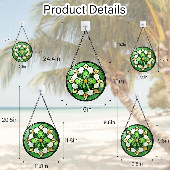 Stained Glass Window Hanging Boho Green Flower 9.8" - Suncatcher Door Garden Sun Catcher Ireland Decor Birthday Mother's St. Ripack's Day Gift for Woman Mom Men Friend Nana Wife Aunt