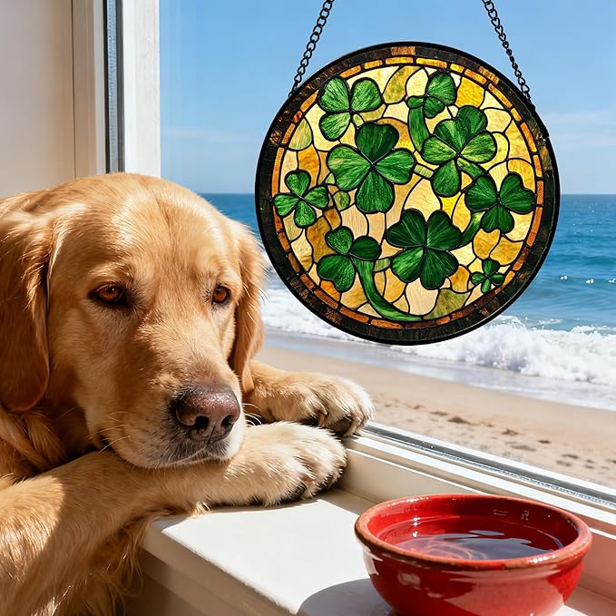 Stained Glass Window Hanging Green Retro Lucky Clover Large 15" - Suncatcher Door Garden Sun Catcher Ireland Decor Birthday Mother's St. Ripack's Day Gift for Woman Mom Men Friend Nana Wife