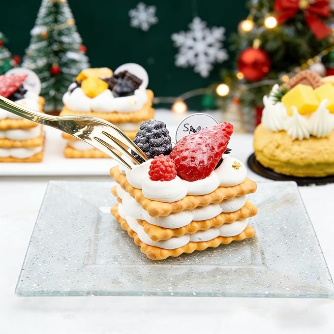supernal 200pcs Square Plastic Dessert Plates-100pcs Gold Dessert Forks,100pcs 6inch ClearDessert Plates,cocktail plates, Clear Appetizer Plates for Pary Birthday New Year