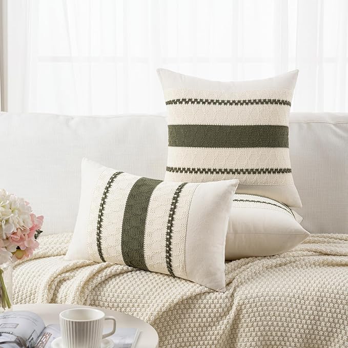 Fancy Homi Set of 2 Boho Olive Green Long Lumbar Decorative Throw Pillow Cover 14x24 Inch for Couch Bed Sofa Chair, Modern Organic Farmhouse Home Decor, Soft Cotton Cute Accent Rectangle Cushion Case