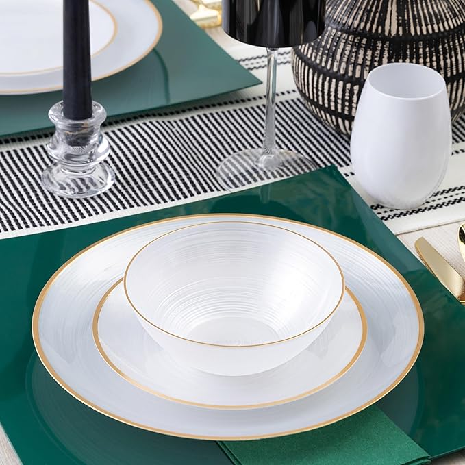 PLASTICPRO 128 Pieces Crystal Design Plastic Plates Combo Pack 7 inch and 10 inch Gold Rim Elegant Disposable Plates, Pearl White