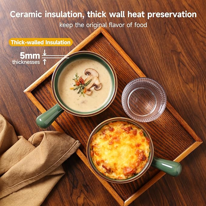 MONITO 28 Oz French Onion Soup Bowls, Ceramic Soup Bowls with Handles, Stackable Soup Crocks, Oven/Microwave/Dishwasher Safe, for Cereal, Soups, Casseroles, Dark Green