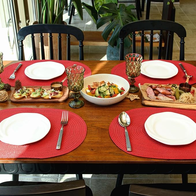 Noctiflorous Oval Braided Placemats Set of 6 Woven 12x18 Inch Non Slip Washable Heat Resistant Place Mats Round Tablemats for Dining Kitchen Party Daily Table Decor Dinner Mats (Red Shine, 6)
