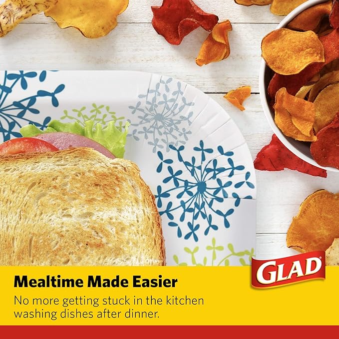 Glad Square Disposable Paper Plates, Blue Hydrangea Pattern - Strong, Sturdy, Soak Proof, and Microwavable Decorative Plates for Dinner and Everyday Use, 7 Inch, 50 Count