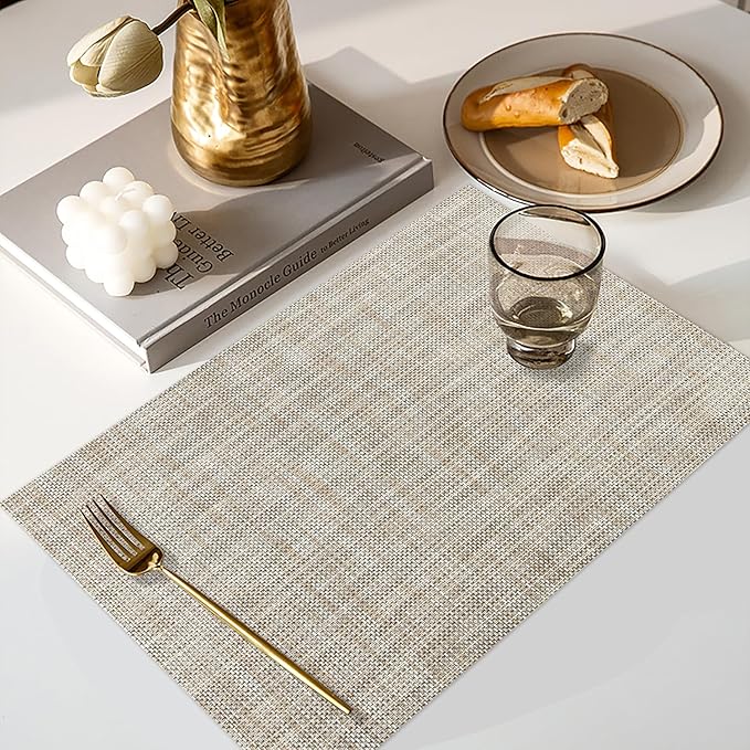 LANDVIEW Vinyl Placemats Set of 4, PVC Woven Washable Non-Slip Table Mats, Heat Resistant Wrinkle Free Place Mats for Dining Table, Easy to Clean (4, Caramel)