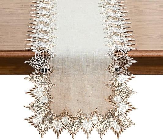 Raedan Natural Linen Table Runner 72 inches Neutral Earth Tones Beige Lace Coffee Table Runners Dresser Scarf for Easter Spring Summer Kitchen Wedding Party, Machine Washable (Natural, 16?쓝72??