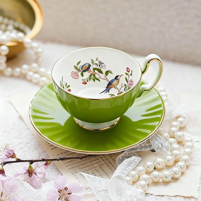 Aynsley Pembroke Glaze Oban 2-Piece Fine Bone China Teacup & Saucer - 6oz (180ml), Handpainted Floral with Gold Trim - Vintage Gift Set-Mill Green