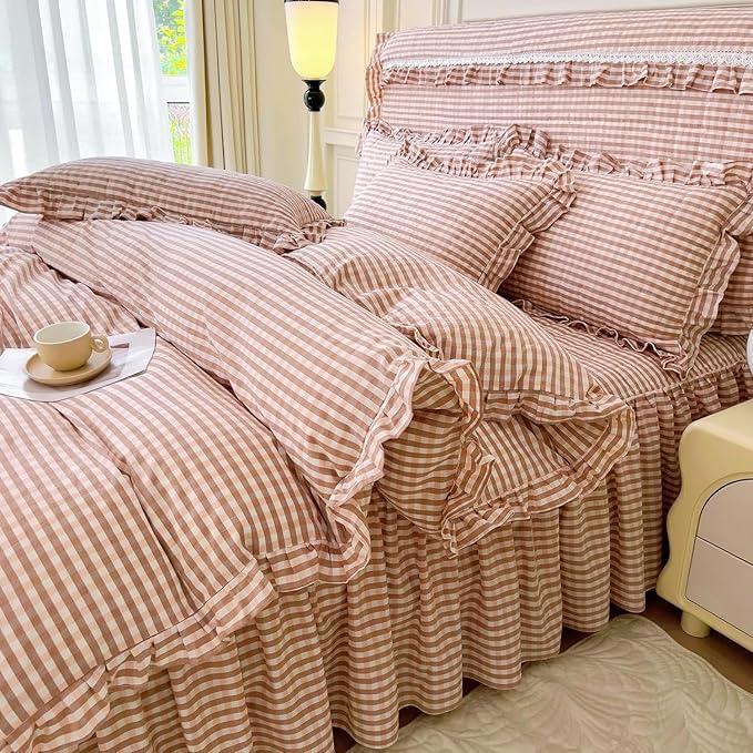 LifeTB Pink Gingham Comforter Set Full Ruffle Pink Plaid Comforter Set 3 Pieces Grid Checkered Pattern Comforter with 2 Pillowcases Fluffy Boho Farmhouse Gingham Bedding Comforter for All Seasons