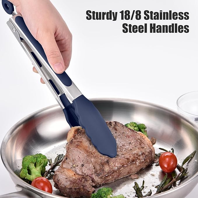 Doosu Kitchen Tongs for Cooking - 600째F Heat Resistant Food Tong with Non-Scratch Silicone Tips, Heavy Duty Stainless Steel Locking Tong for BBQ, Grilling Steak, Serving Salad Pasta (9in, Navy Blue)