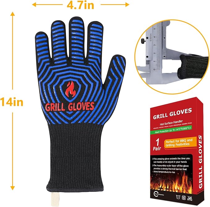 QUWIN BBQ Gloves, Oven Gloves 1472??Extreme Heat Resistant, Grilling Gloves Silicone Non-Slip Oven Mitts, Kitchen Gloves for BBQ, Grilling, Cooking, Baking-1 Pair??(Black Blue, One SizeLong Cuff