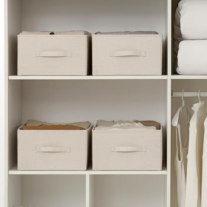 Linen Folding Storage Bins, 3 Pack Large Storage Baskets, Washable, Clothing Storage Bins with Handle, Closet Organizer for Storage Sweater,Sheets(Beige, 18쩍"x13쩍"x8쩍")
