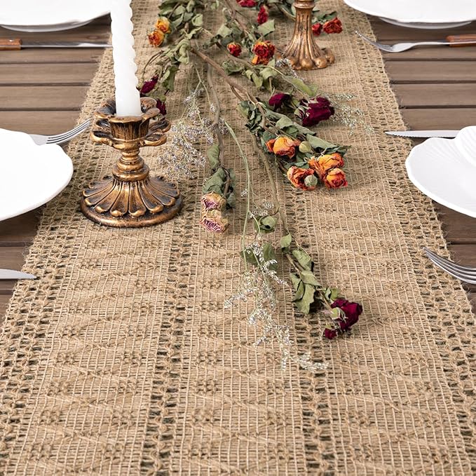 Socomi Boho Table Runner Valentine's Day Farmhouse Burlap Jute Bamboo Rustic Dining Kitchen Centerpiece Decor Small Macrame Woven Coffee Table Runner for Dresser Scarf Home Decor 12x48 inch