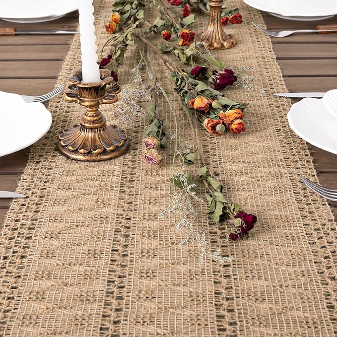 Socomi Boho Table Runner Valentine's Day Farmhouse Burlap Jute Bamboo Rustic Dining Kitchen Centerpiece Decor Small Macrame Woven Coffee Table Runner for Dresser Scarf Home Decor 12x72 inch