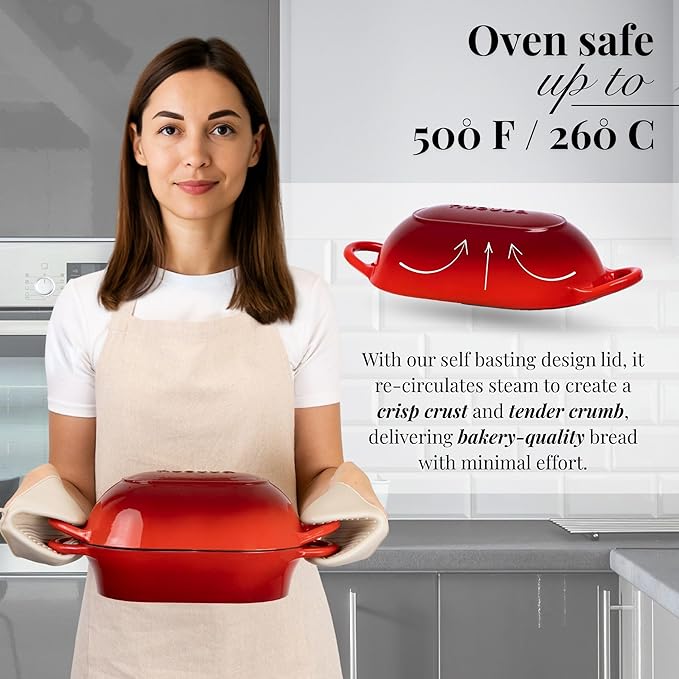Dutch Oven For Sourdough Bread Baking ??Enamelled Cast Iron Bread Loaf Pot ??Oven Safe Non Stick Bread Pot ??Rectangular, Red, 24cm x 16cm ??by Nuovva