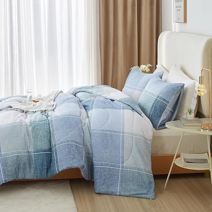 LifeTB Twin XL Comforter Set Blue Checkered Comforter Set for Men Boys Geometric Checkered Plaid Printed Boho Bedding Comforter for All Seasons Fluffy Soft Lightweight Plaid Bedding Set Twin XL