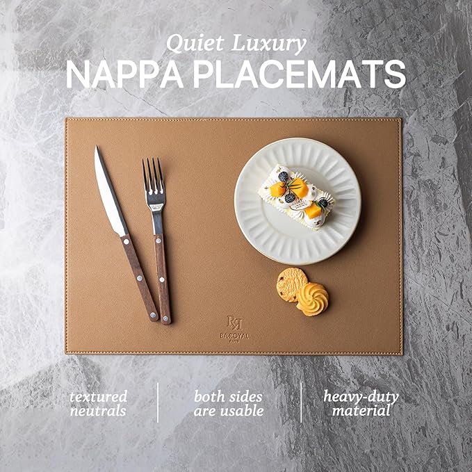 Baroyal Faux Leather Placemats Set of 4 Vinyl Washable Wipeable Table Mats for Kitchen Dining Table Heat Resistant Waterproof Indoor/Outdoor Placemats Non-Slip Easy Clean Place Mats (British Khaki)
