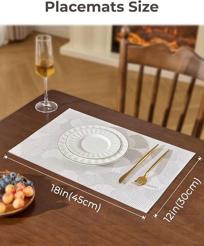 Leetaltree White Placemats Set of 12 - Heat Resistant Non-Slip Place mats for Dining Table, Washable Durable PVC Vinyl Woven Table Mats（White Circle,12）