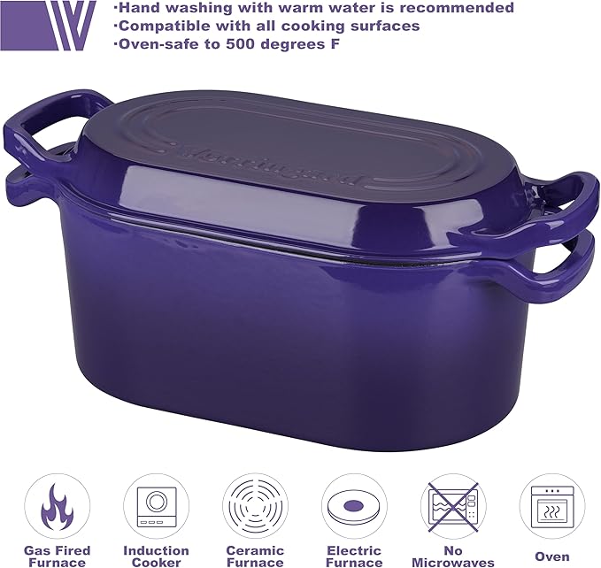 Oval Dutch Oven Pot with Lid, Enamel Coating Cast Iron Bread Pans for Homemade Sourdough Bread Baking, Cooking, 4 Quart, Purple