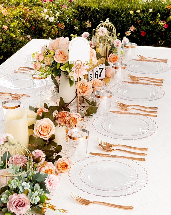 YOUBET 100PCS Rose Gold Scalloped Plastic Plates - Heavy Duty Clear Rose Disposable Fancy Hard Plates Include 50 Dinner Plate, 50 Dessert Plate for Wedding & Baby Shower Party
