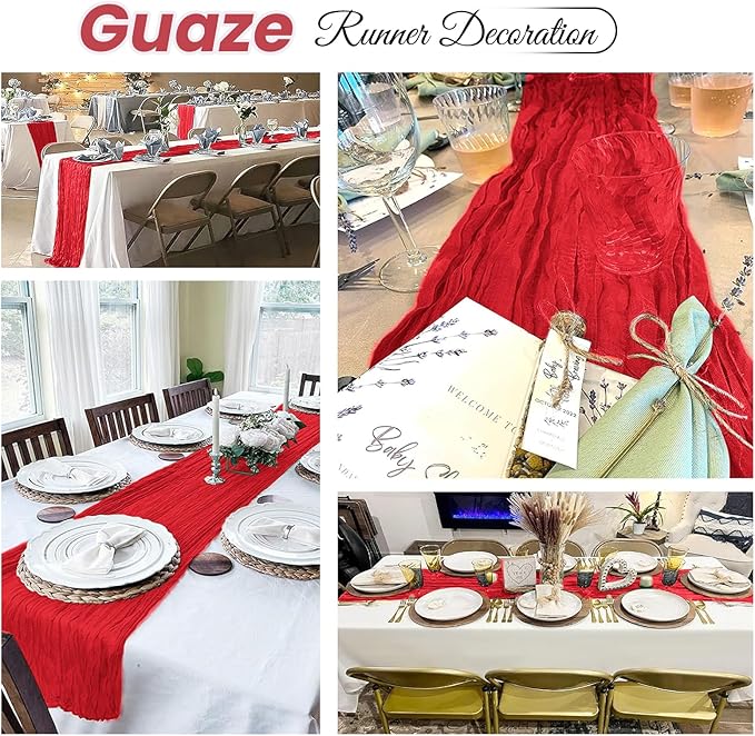 4 Pack Red Cheesecloth Table Runner 20 x 120 inch Gauze Table Runners 10 FT Long,Semi Sheer Boho Cheese Cloth Fabric Table Runner Bulk for Party,Wedding,Baby Shower,Bridal Shower Decoration