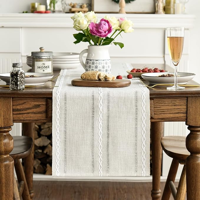 Artoid Mode Beige Rustic Cotton Linen Table Runner, Seasonal Embroidered Hollow Kitchen Dining Table Decoration for Home Party Decor 13x90 Inch