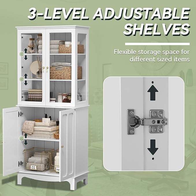 ARTPOWER 72" Freestanding Kitchen Pantry Storage Sideboard, Classical Tall Cabinet with Glass Door and Adjustable Shelves for Kitchen, Livingroom and Dining Room, White