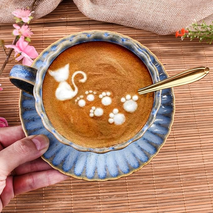 Ceramic Floral Coffee Mug with Saucer Set and Spoon - Vintage Glazed Tea Cup & Coaster for Cafe/Home/Office Blue