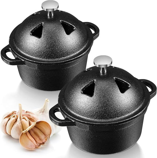 2 Pcs Garlic Roaster Baker Cast Iron Dutch Oven Pre-seasoned Cast Iron Pot 8 oz Mini Cocotte with Lid and Handle Small Black Potato Garlic Baker for Oven BBQ Grill Kitchen Outdoor