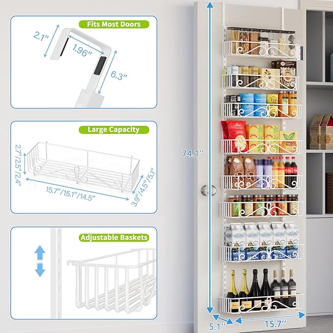 Over the Door Pantry Organizer - 8-Tier Adjustable Pantry Organization And Storage, Metal Hanging Door Spice Rack for Kitchen Pantry Organizers竊똚hite