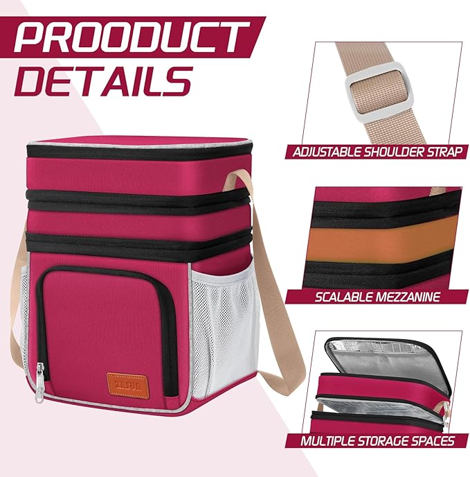 ZRSUN Insulated Lunch Bag for Women Men, Reusable 3 Layers Lunch Box Women, Expandable Reusable Water-resistant Lunch Box for Work Travel Office Picnic Hiking (Red)
