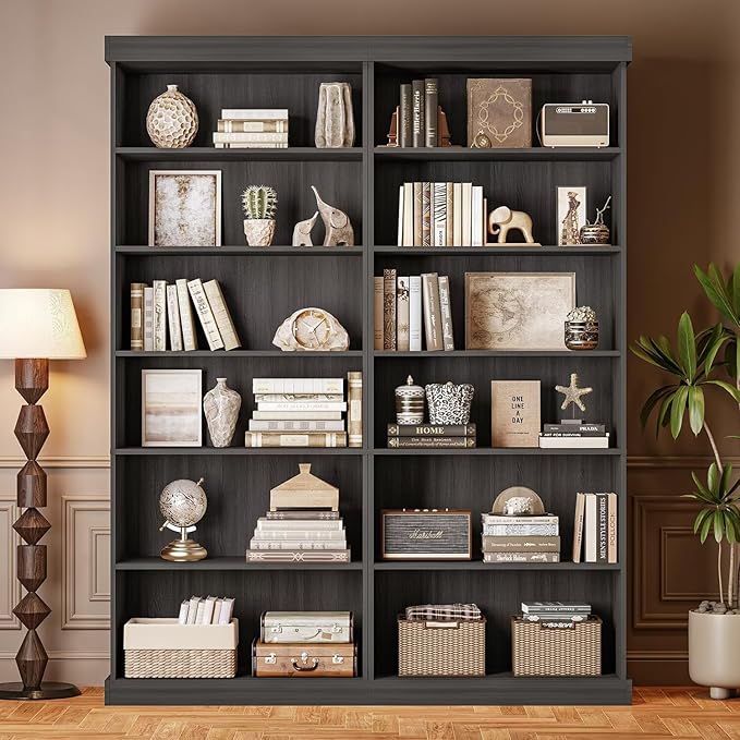 Vyre 70.8" Tall Black Bookshelf, Farmhouse Modular Bookcase with 6-Tier Adjustable Shelves, Large Storage Cabinet for Home Office, Living Room, Set of 4