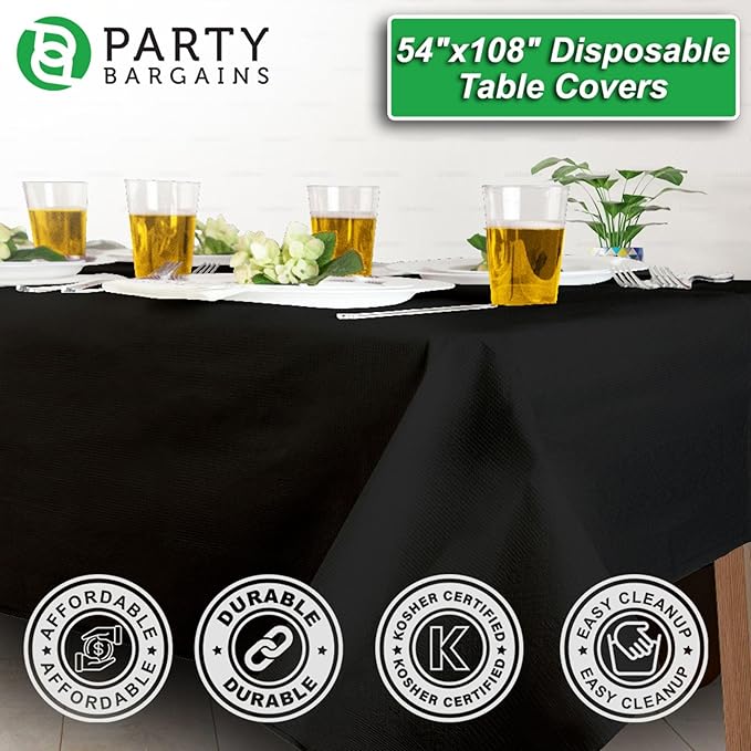 PARTY BARGAINS Disposable Table Covers, 54 x 108 Inch, Black, 3-Ply Paper & Plastic Spill-Resistant Party Tablecloths, 40 Pack