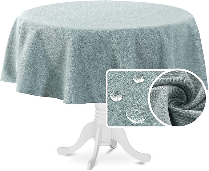 H.VERSAILTEX Linen Textured Tablecloth Round 60 inch Waterproof Decorative Table Cloth Spill-Proof Linen Look Cover for Party Table Extra Soft and Thick Fabric Wrinkle Free, Heather Aqua Gray