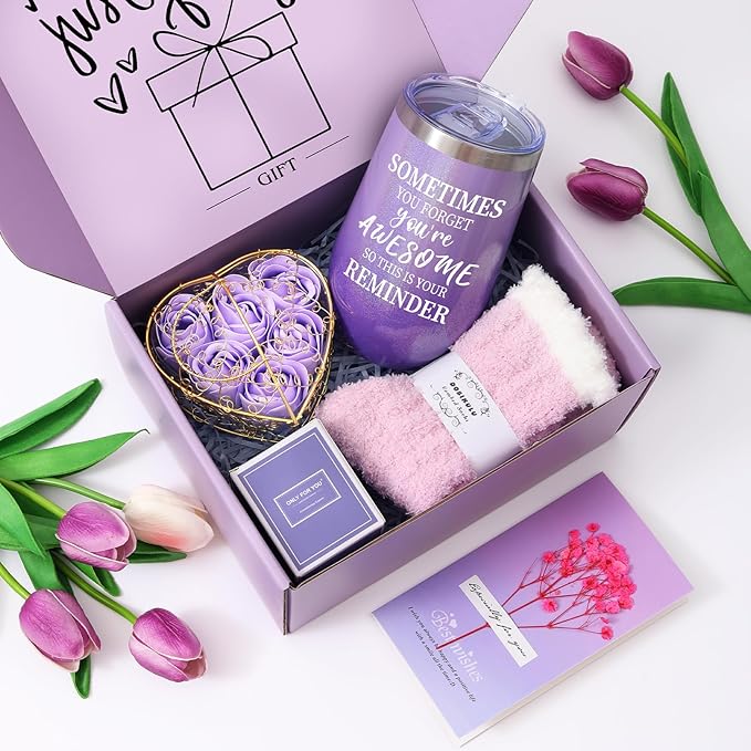 Christmas Gift baskets for Women, Christmas Gift Sets for Mom, Her, Wife, Girlfriend, Care Package for Women, Birthday Unique Gifts, Holiday Gifts Basket with Canvas Tote Bag Sock Tumbler Flower