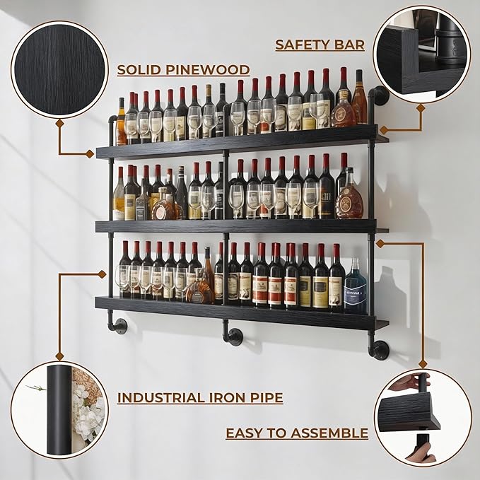 Industrial Wine Rack Wall Mounted, Solid Wood Shelf with Metal Pipe Brackets, 3-Tier Rustic Hanging Organizer for Wine Bottle Storage in Kitchen, Bar, Pub, Cellar(Black, 60 Inch)