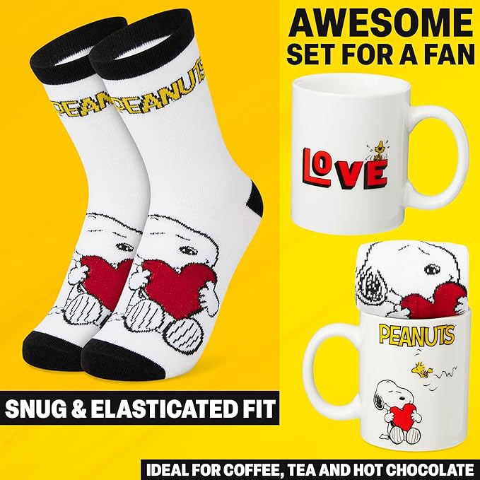 Get Trend Peanuts Snoopy Coffee Mug and Socks Set, 11.5 oz Ceramic Cup with Soft Crew Socks, Woodstock, Christmas, Secret Santa Gifts for Women (Red Snoopy)