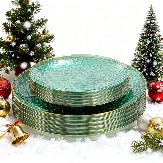 SUT 36Pcs Green Christmas Plastic Plates, Hammered Plates Disposable Heavy Duty, Green Disposable Plates With Gold Rim, Fancy Plastic plates Include 18 Dinner and 18 Dessert plates for Party