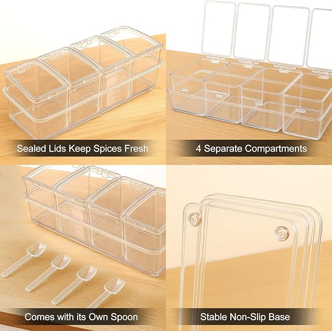 Clear Seasoning Box, 4 Pieces Seasoning Rack Spice Pots with Lids and Spoons, Toppings Containers, Acrylic Seasoning Box for Salt Spice, Pepper, Sugar, Cardamon, Cinnamon