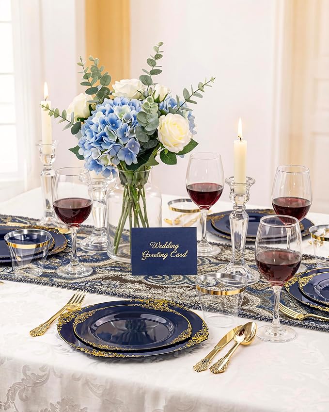 Nervure 350Pcs Blue Plastic Plates - Blue Gold Plastic Dinnerware Sets for 50 Guests - 100 Gold Disposable Plates, 50 Pre Rolled Silverware, 50 Cups Perfect for Wedding & Party & Independence
