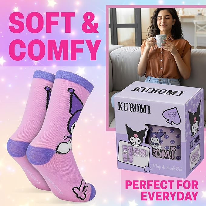 Get Trend Kuromi Sanrio Coffee Mug, Socks Set, 11.5 oz Ceramic Cup with Crew Socks, Kawaii Drinkware Christmas, Secret Santa Gifts for Women (Purple Kuromi)