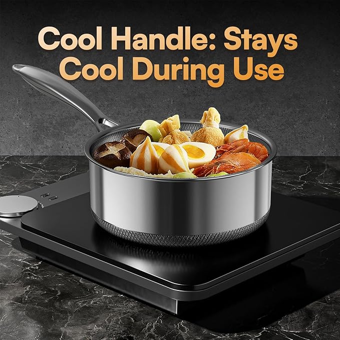 Stainless Steel Sauce pan with Lid, KURRUNGIE 1.5 QT Saucepan with Lid, PFOA Free 6.3-inch 5-Ply Stainless Steel Pans for Cooking, Induction Cookware Oven and Dishwasher Safe