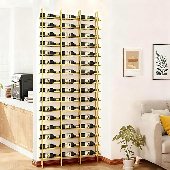 Large Wall Mount Wine Rack, 16 Tier 48 Bottle Wine Storage Organizer Display Holder, Modern Metal Wine Storage for Wine Cellars, Home Bars, Kitchens, and Dining Rooms (Gold, 48 Bottles)